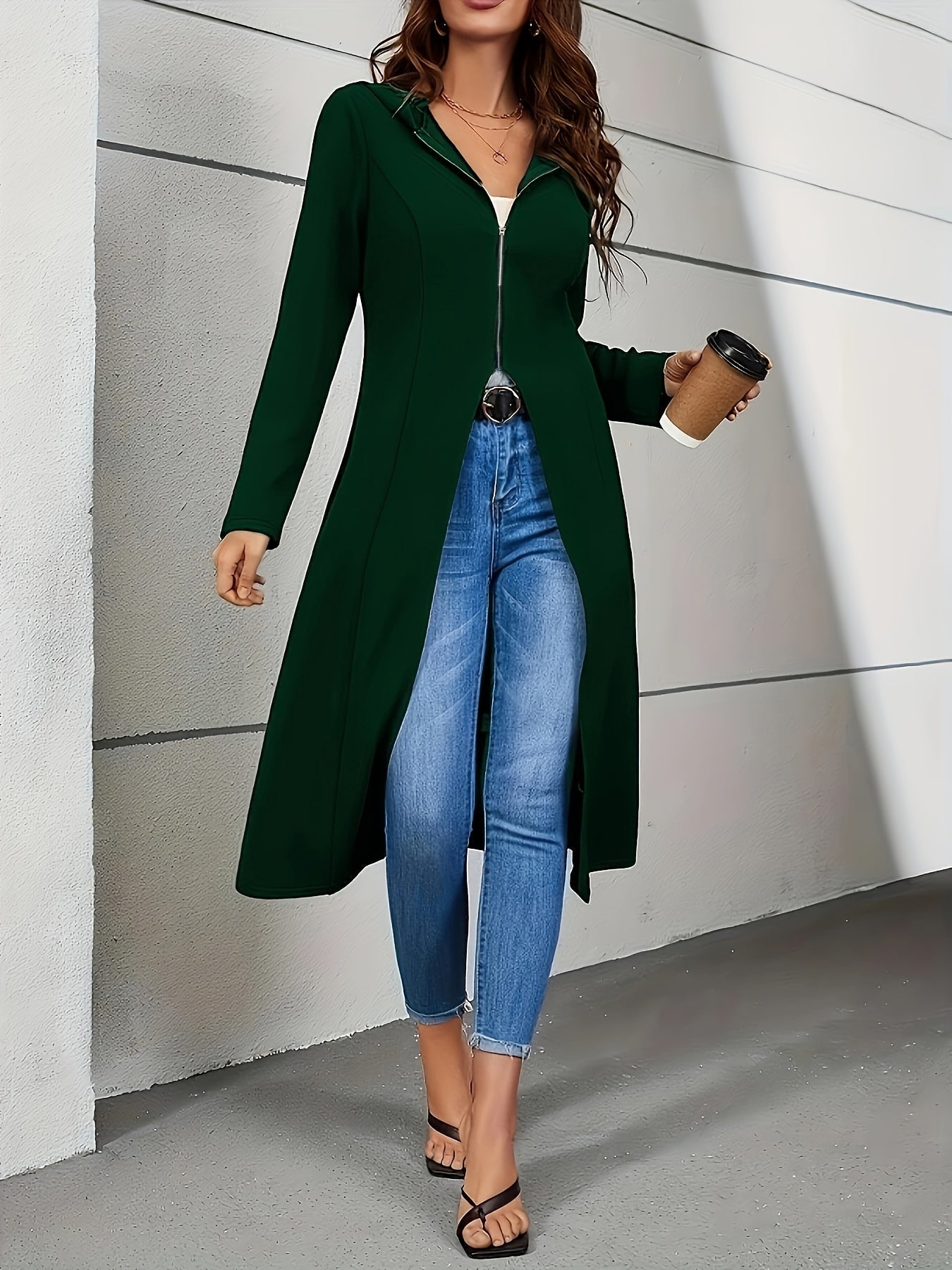 Women'S Long Sleeve Zip Hoodie Jacket - Solid Color, Polyester, Casual Elegant Fall/Winter Coat with Zipper Detail