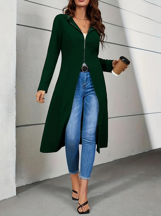 Women'S Long Sleeve Zip Hoodie Jacket - Solid Color, Polyester, Casual Elegant Fall/Winter Coat with Zipper Detail