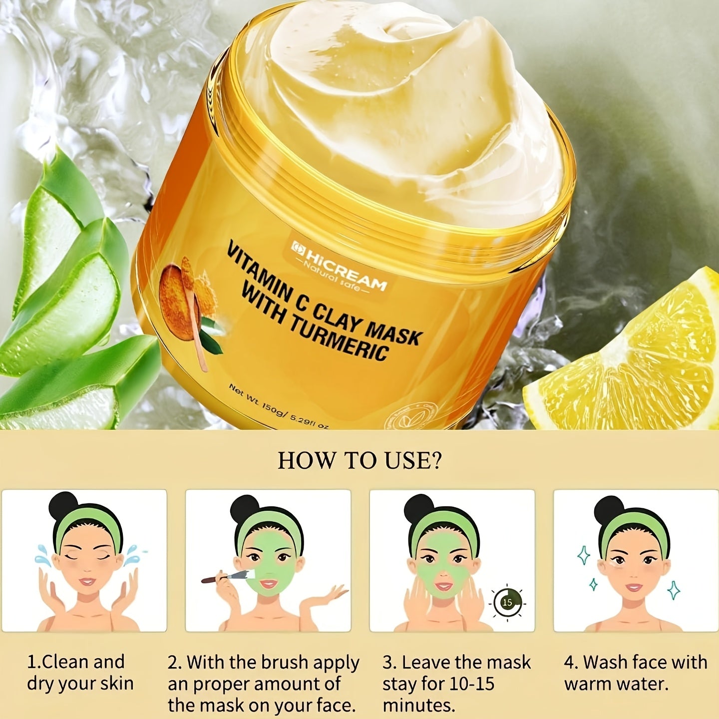 5.29 Oz Turmeric Vitamin C Clay Mask Turmeric Face Clay Mask VC Cleansing Mask. Contains Natural Ingredients: Aloe Vera, Calendula For Plumped, Smoother Skin, Hypoallergenic, Suitable For All Skin Types, Great Holiday Gift Fo