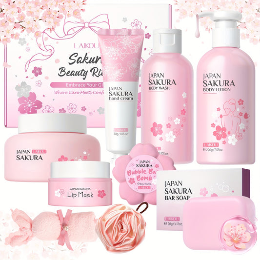 Sakura Body Bath Sets for Women Gift with Body Wash, Lotion, Soap, Bath Bomb, Scrub, Hand Cream & Lip Mask, Travel Essentials Skincare, Birthday Mother's Day Valentine's Day, Thanksgiving, And Christmas Gifts for Women