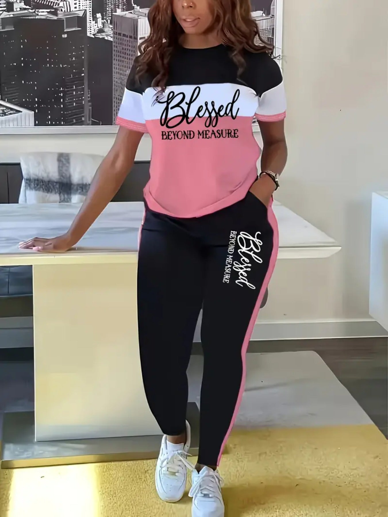 Womens Two Piece Set Blessed Pattern T Shirt And Pants