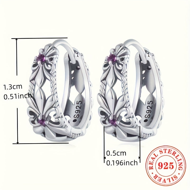 Bohemian Style Flower Inlaid Sterling Silver Hoop Earrings