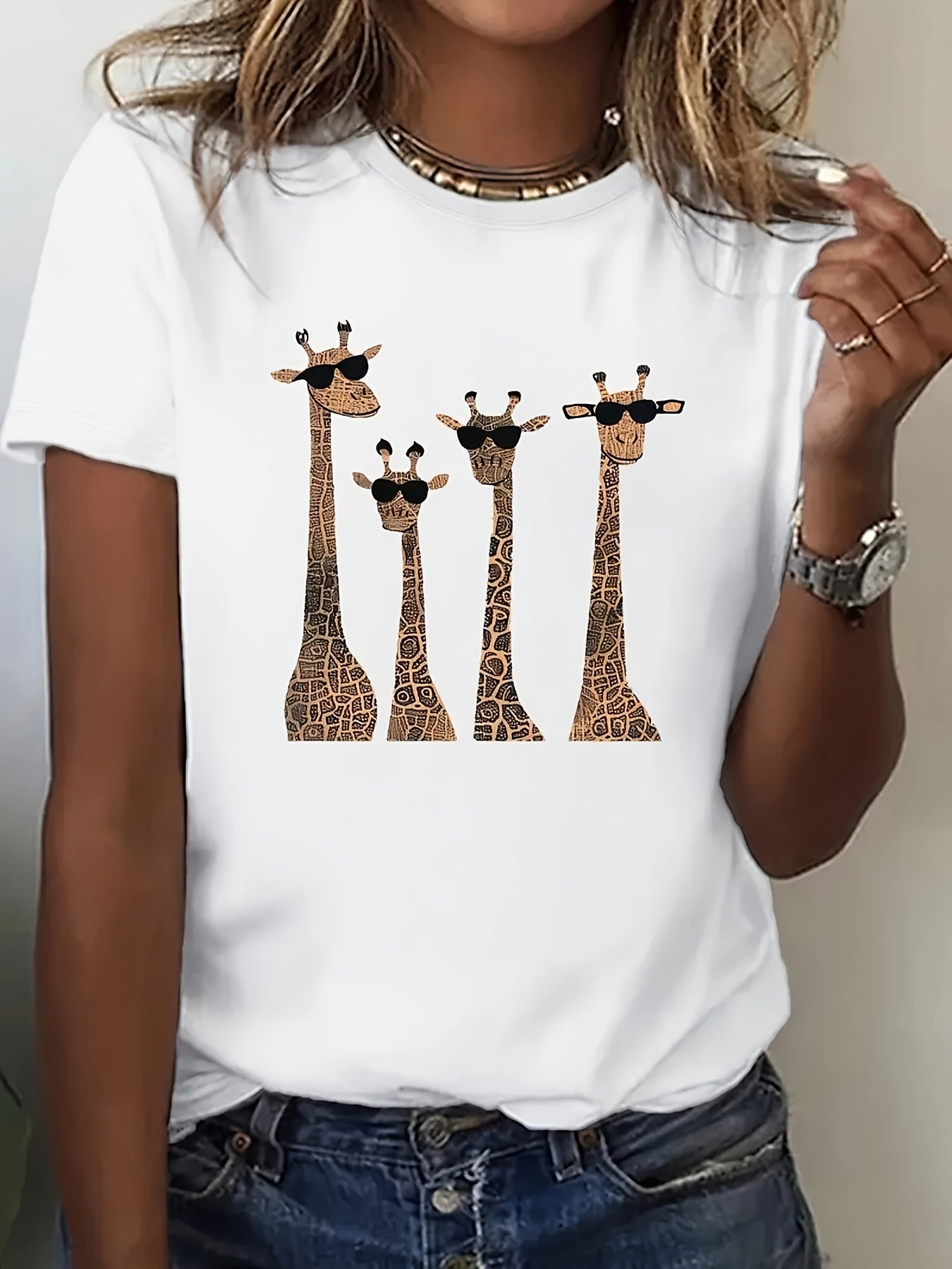 Women's T-Shirt | Playful Giraffe Print with Fashion Glasses Design | Round Neck, Short Sleeve | Casual Loose Fit | Machine Washable | Ideal for Spring & Summer | Comfortable Knit Fabric