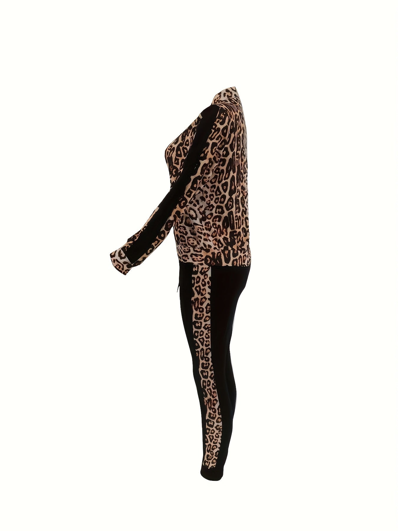 Stylish Casual Leopard Print Zip-Up Top and Pants Set