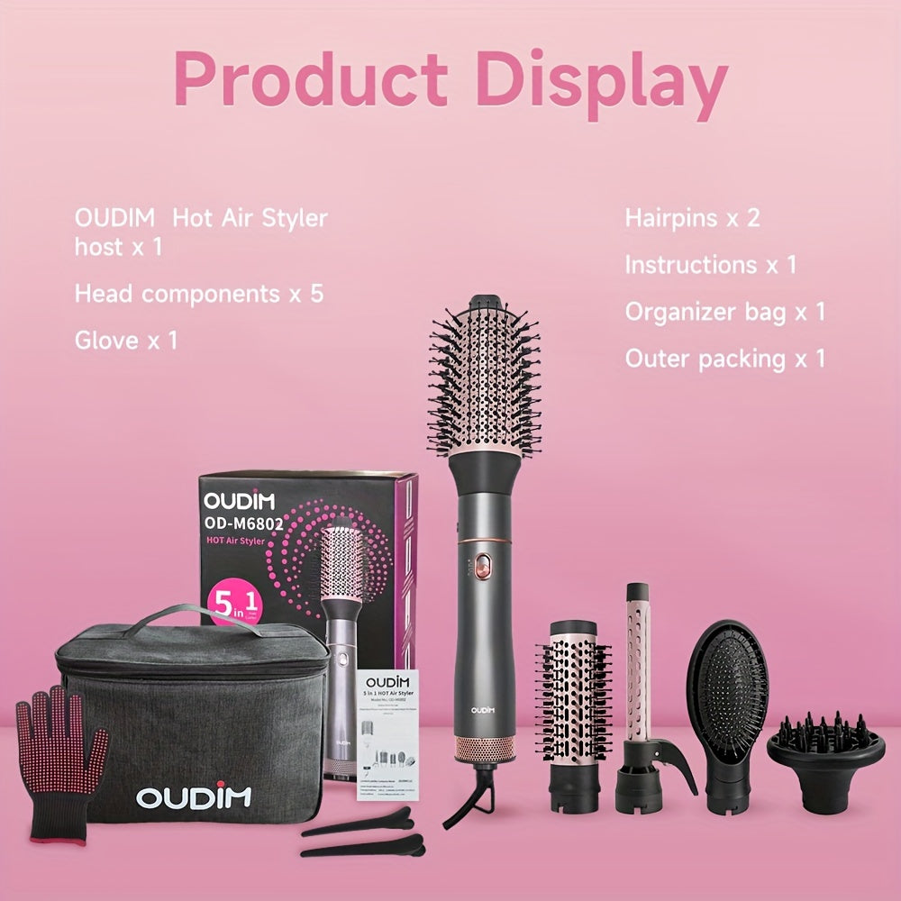 5-in-1 Hot Air Comb Set with Negative Ion Technology - Hair Dryer, Massage Straightening Comb, Round Curling Iron & Oval Styling Comb, Interchangeable Heads