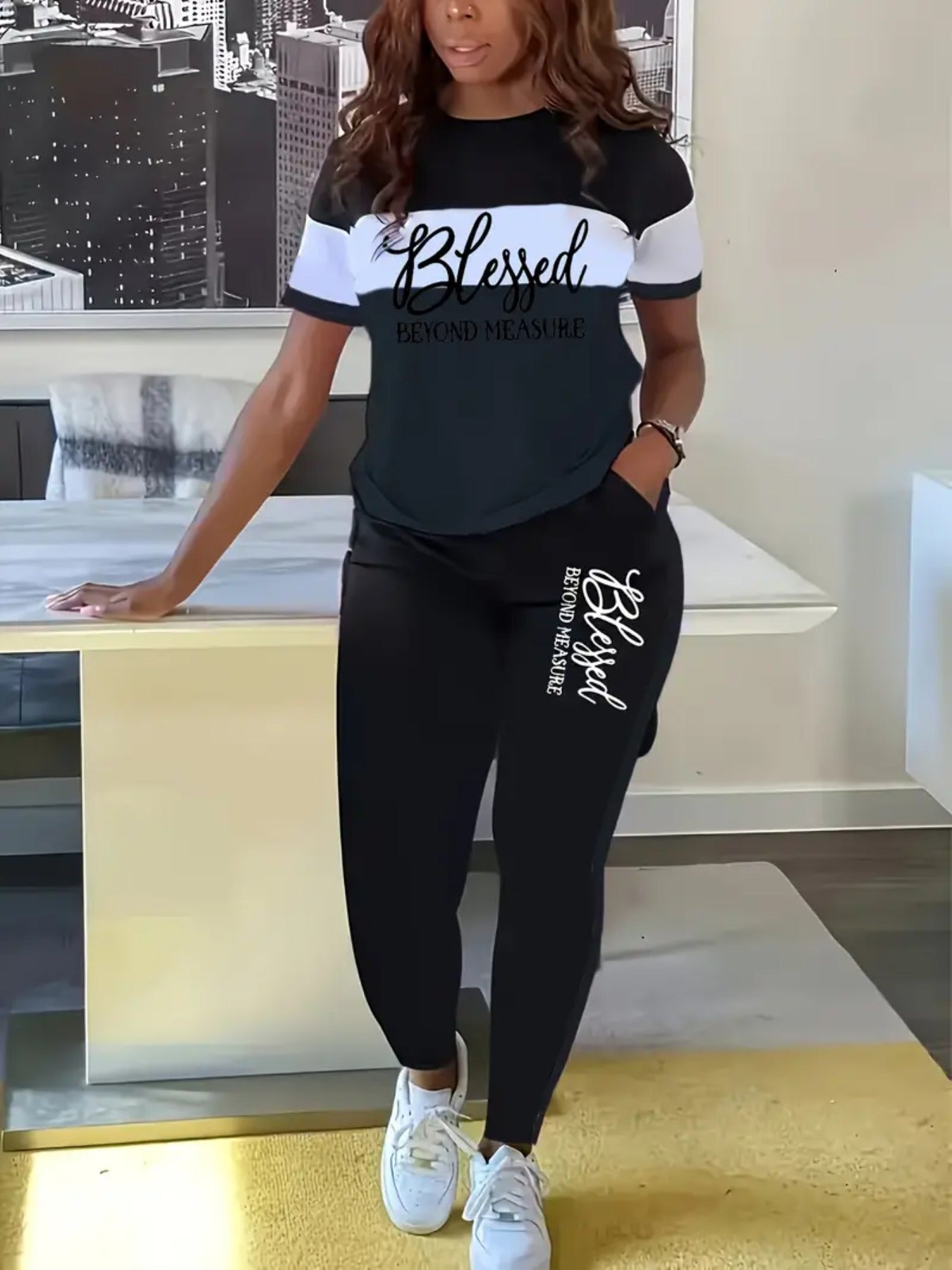 Womens Two Piece Set Blessed Pattern T Shirt And Pants