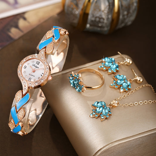 Fashion Trend All-match Women's Love Strap Rhinestone-encrusted Light Luxury Quartz Watch +4pcs Jewelry Set