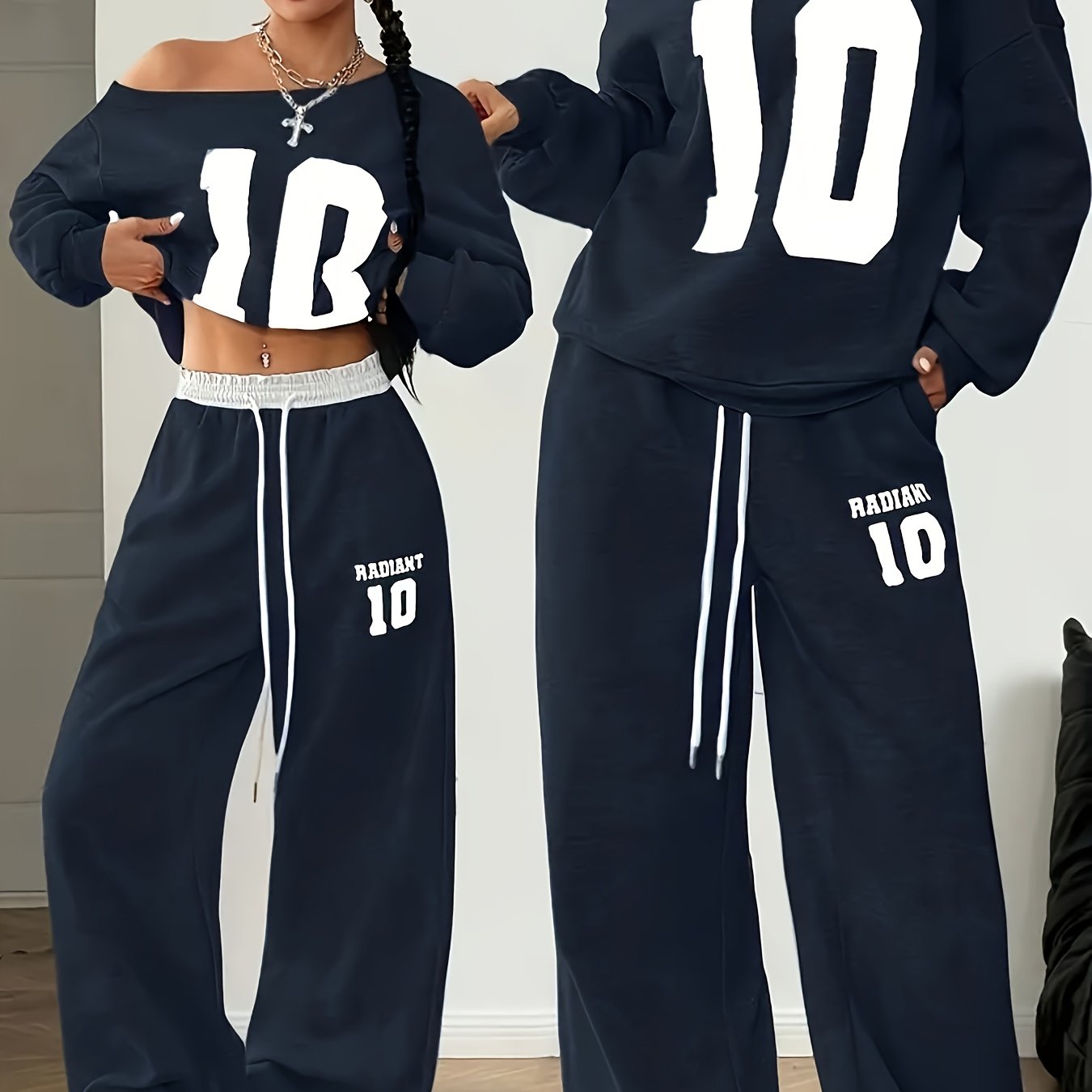 New Women's Two-Piece Set: Fashion Casual Thickened Loose Round Neck Minimalist Digital Print T-Shirt & Pants with Off-Shoulder Sweatshirt + Lace Drawstring Long Joggers